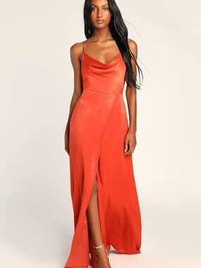 Lulu's Love of Romance Rust Orange Satin Cowl Neck Maxi Dress